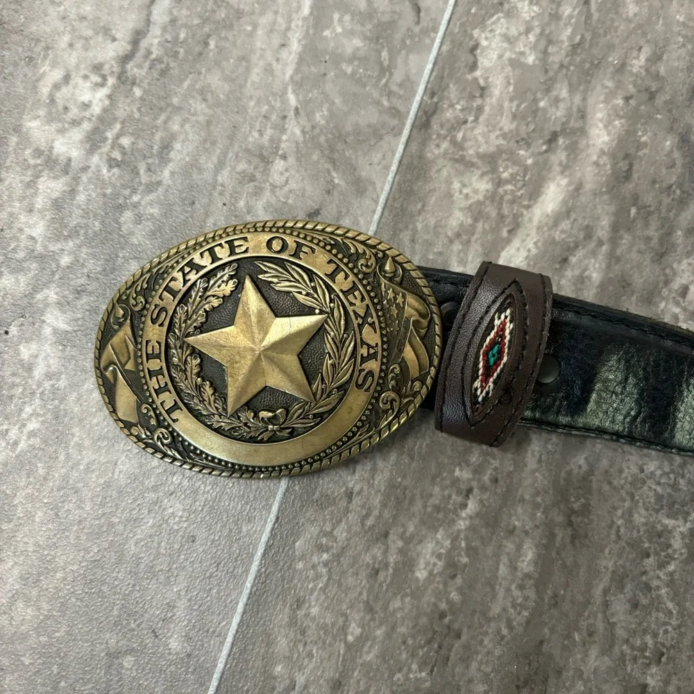 Vintage Tony Lama Texas Star Brass Buckle Belt Leather Western Concho men’s 48